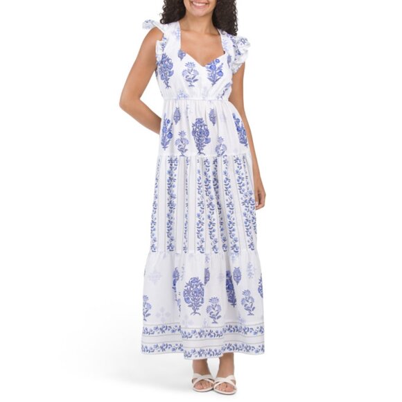 CELINA MOON Blue Flutter Sleeve Floral Stamp Print Maxi Dress